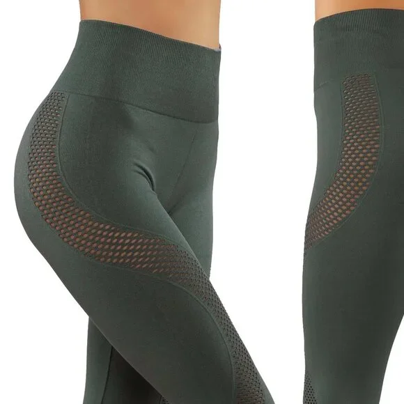 Solid armygren yoga leggings workout pants mesh 27 - Picture 2 of 6